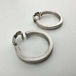 Vintage Lewis Segal Textured Minimalist Silver Tone Hoops Clip On .75” Earrings